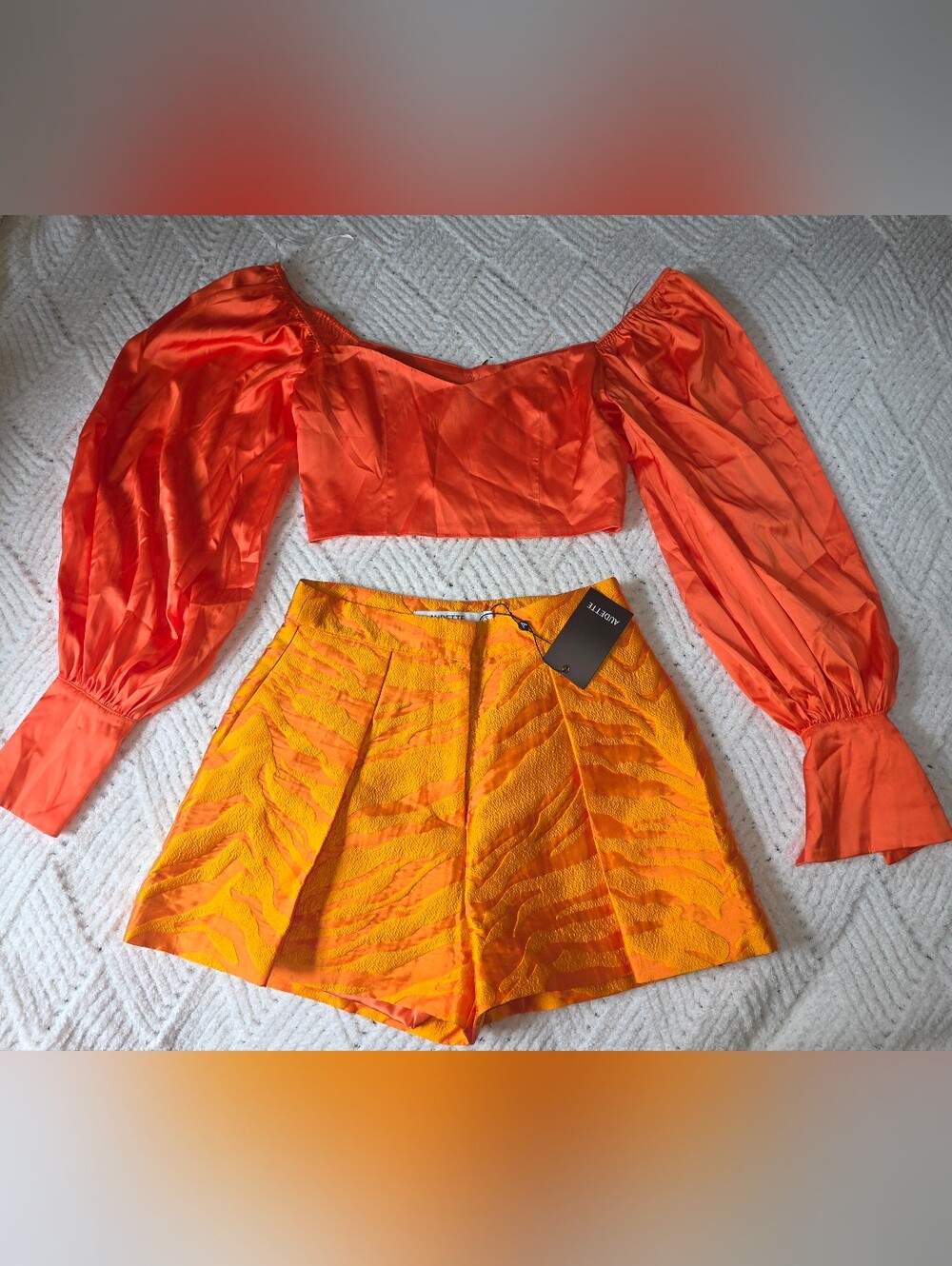 Bright Orange Puff-Sleeve Crop Top & Yellow-Orange Jacquard Shorts Set